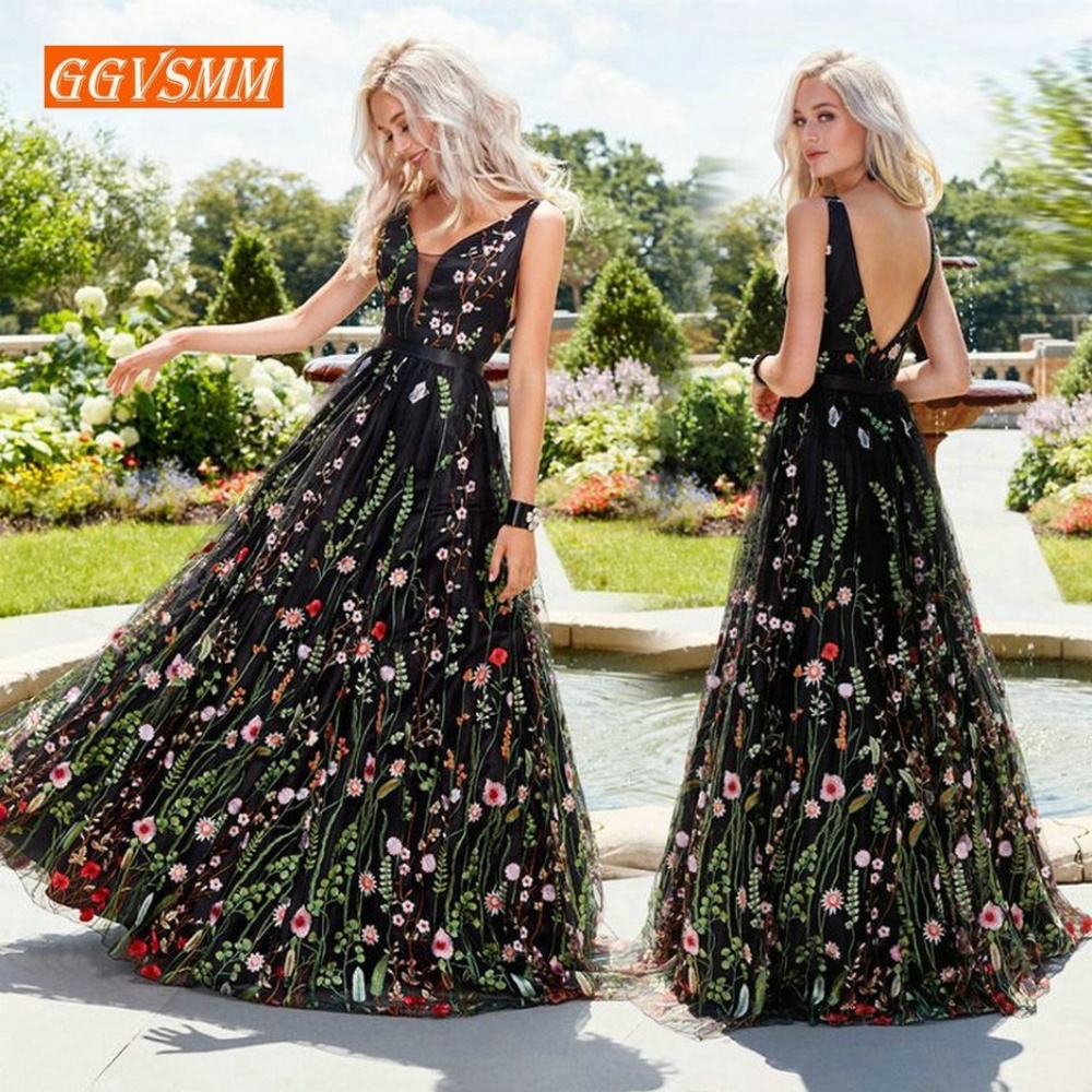 Sexy Embroidery Lace Backless Long Prom Dress 2019